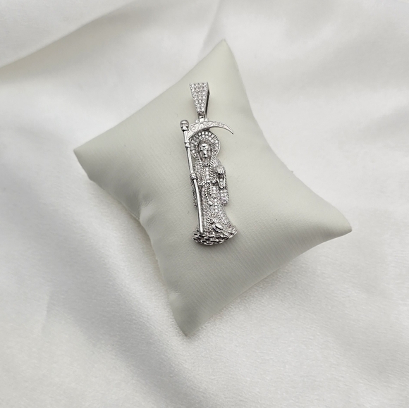 Rhodium Over Sterling Silver 925 Moissanite Santa Muerte Pendant